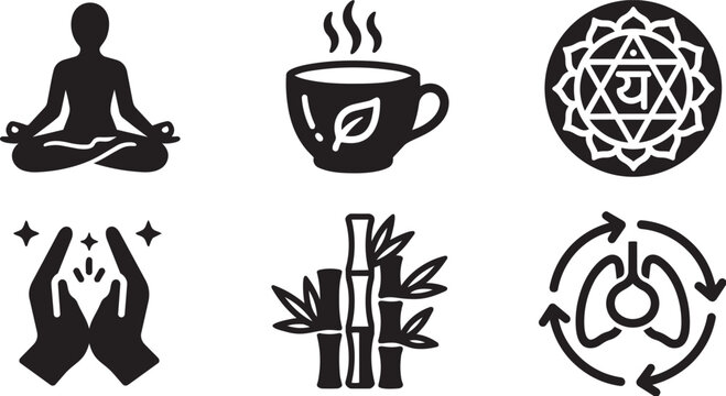 Yoga meditation and zen wellness black vector icons set.