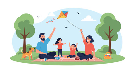Fototapeta premium Happy family enjoys a sunny day at the local park while having a picnic on a blanket and flying a colorful kite together with their dog.