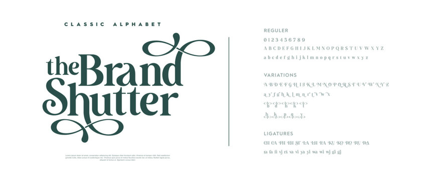 Elegant luxury alphabet letters font logo. Typography classic lettering serif fonts decorative wedding vintage retro logos, design for fashion,beauty shop and brand . vector illustration