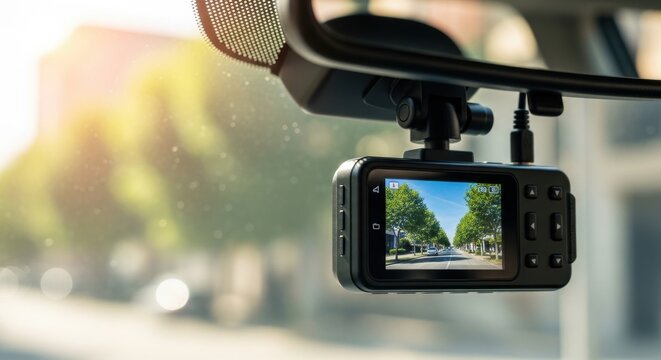 Automotive dashcam recording street view from inside vehicle with rearview mirror and sunlight