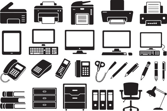 Office equipment including computers, printers, scanners, phones, fax machine, desk chair, lamp, and folders on grey background.