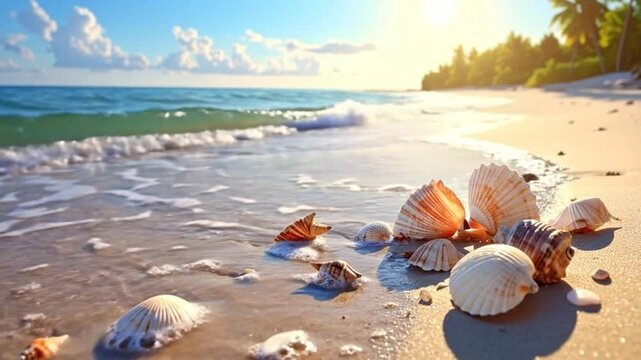 Seashells on a sandy beach with ocean waves and bright sunlight shining