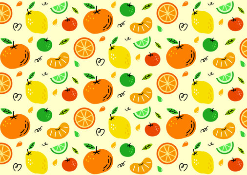 Cute hand-drawn citrus fruit seamless pattern vector background