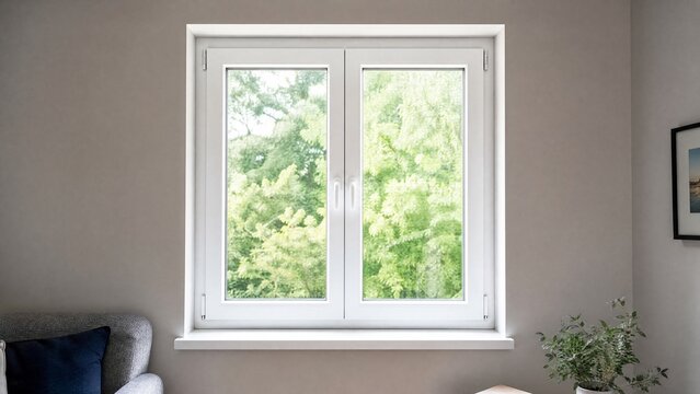 Modern white PVC window installed in a residential room, allowing natural daylight to fill the neutral interior space.