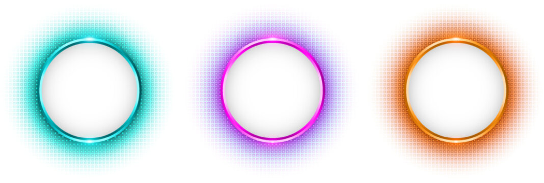 Colorful round shape buttons with neon halftone glow on white background.