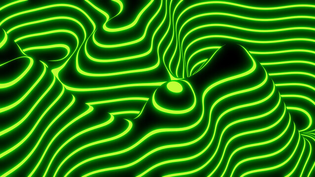 Green 3D lines on black background, neon colored glowing dynamic 3d cyber and virtual reality concept technology background.