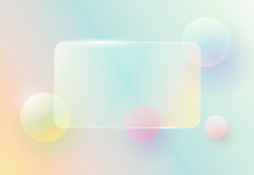 Transparent 3d glass shape for infographic, modern rainbow glass rectangle with 3D spheres on the back, interesting iridescence background.