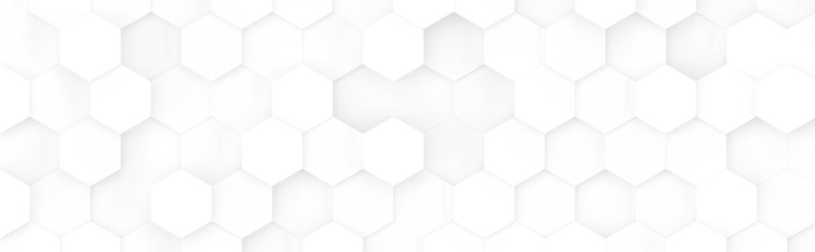 White hexagonal background, abstract widescreen futuristic geometric backdrop with honeycomb pattern with hexagons.