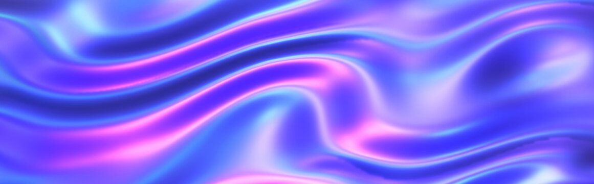 Abstract wavy blurred background, abstract widescreen futuristic geometric banner with purple blue neon waves.