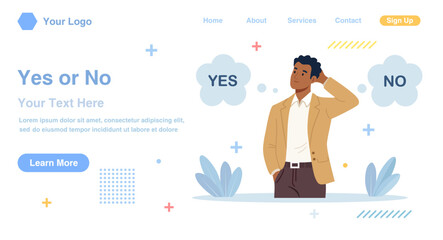 Obraz premium Thinking man makes difficult solution and reflects on problem, standing near words yes and no. Businessman confused by hard choice. Logical critical thinking. Vector flat design