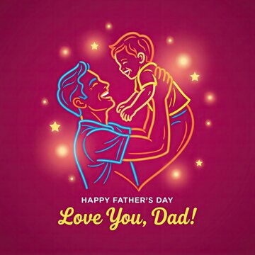 Neon Line Art Father Holding Child with &ldquo;Love You Dad&rdquo; Concept
