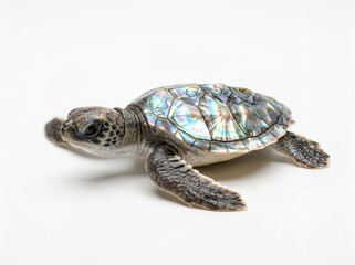 Obraz premium Baby Turtle Hatchling With Glowing Mother Of Pearl Shell On White