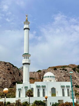 King Fahd Bin Abdulaziz Al Saud Mosque seen from the Europa Point Lighthouse in front of the Rock of Gibraltar, Mediterranean Sea, Strait of GIbraltar, British Overseas Territrory
