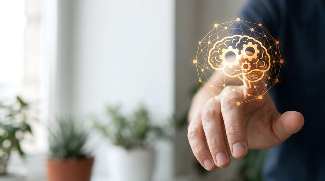 Artificial intelligence and machine learning concept: Hand touching virtual glowing brain hologram with gears.