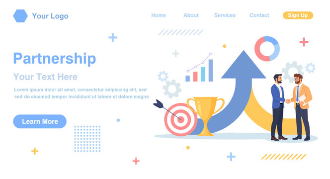 Business merger or cooperation concept. Businessmen handshaking with assembled arrow on background to work together to achieve same goal. Joint venture, successful partnership.