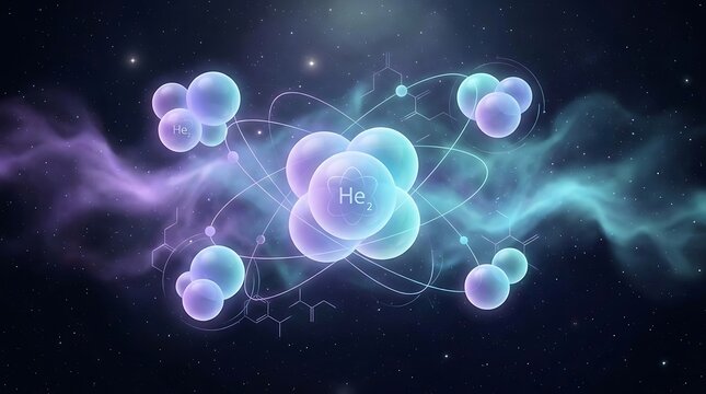 Helium atom structure with orbiting electrons in space