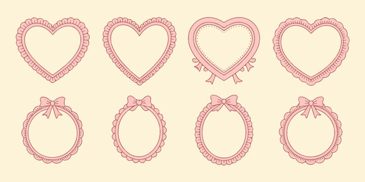 Valentine day pink heart frames with decorative ruffles and ribbons for romantic greeting cards or scrapbooking elements set illustration.