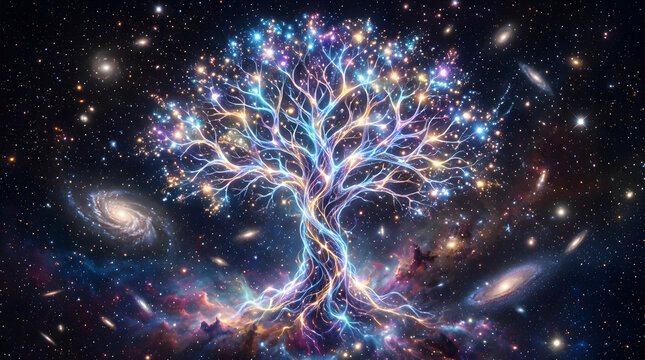 Cosmic tree of life glowing in deep space nebula