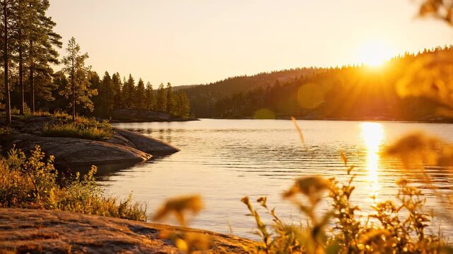Serene lake at sunset with pine trees and sunlit foliage