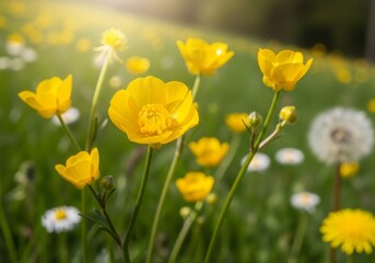 Obraz premium Vibrant Yellow Buttercups Blooming in a Lush Green Meadow.