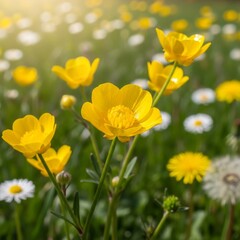 Obraz premium Vibrant yellow buttercups and daisies in a sun-drenched meadow.