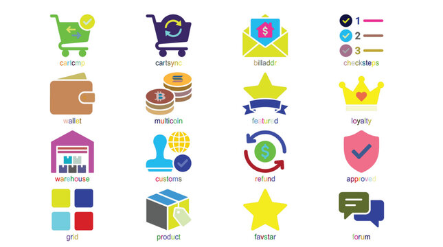 Set of ecommerce and business icons including shopping cart, wallet, warehouse, currency, and feedback symbols