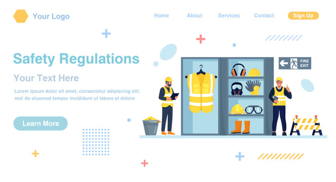 Proper PPE storage. Comprehensive set of essential personal protective equipment for construction workers. OSHA essentials set. Occupational safety regulations