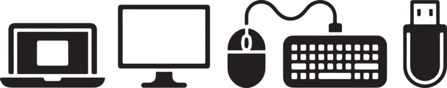 Set of computer and technology icons including laptop monitor mouse keyboard and USB flash drive.