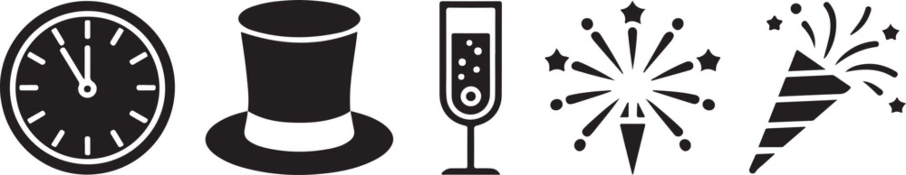 New year eve icon set including clock top hat champagne glass firework and party popper for midnight countdown ceremony.