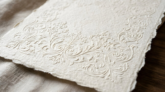 Elegant white embossed paper with floral ornamental pattern on edge.