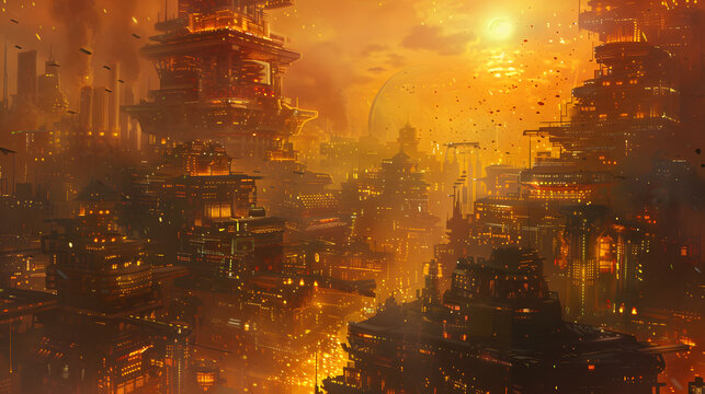 Spectacular high-angle view of a multi-layered cyberpunk city glowing with purple and blue neon lights