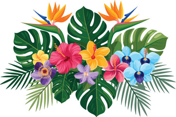 Vibrant tropical flower and leaf arrangement, including hibiscus, orchids, and bird of paradise, perfect for summer backgrounds. © Kamrun82