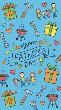Happy Father's Day celebration with hand-drawn barbecue and gift icons on blue background