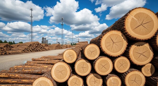 Massive stacks of freshly cut timber logs at a busy lumber yard, showcasing the raw materials for construction and industry under a bright sky