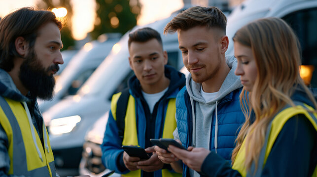 A diverse team of four last mile delivery drivers from different backgrounds gather beside their electric vans in a depot at dawn, comparing routes on handheld devices before dispersing into the cit