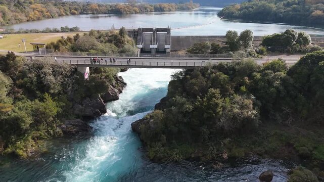 Aerial Aratiatia Dam Spillway Open Powerful Whitewater Waikato River New Zealand