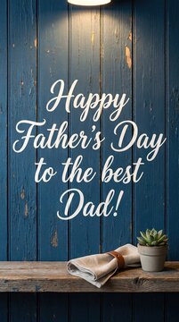 Handwritten Father's Day message on wooden table with notebook and potted plant 