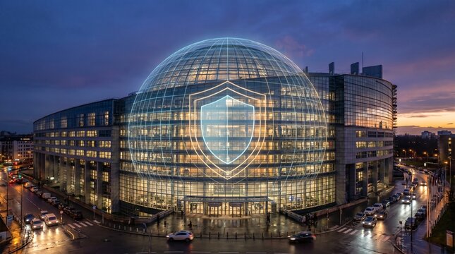 Digital shield protecting a modern office building at twilight symbolizing cybersecurity and data protection in a global network environment