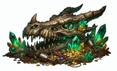 Fototapeta premium Dragon Skull Treasure Hoard with Emerald Crystals Fantasy Illustration