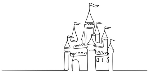 Whimsical line drawing of a fantasy castle with turrets and flags, no editable stroke, Elegant one line illustration of a dreamlike fantasy castle with multiple towers and flowing flags perfect for on © Gerish