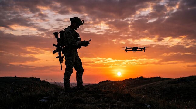 Silhouette of a soldier operating a military reconnaissance drone at sunset in a remote field