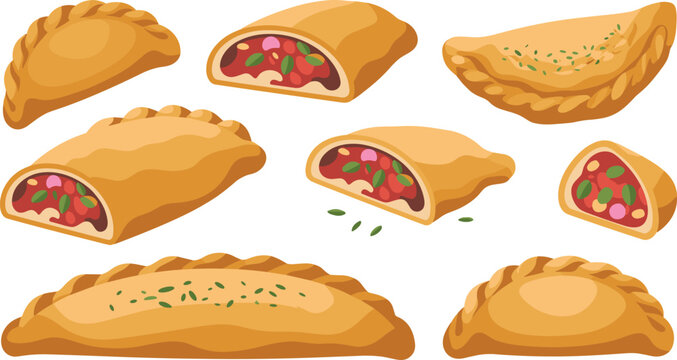 Delicious Cartoon Empanada and Calzone Set with Meat and Vegetable Filling, Tasty Baked Pastry Food Collection Vector Illustration