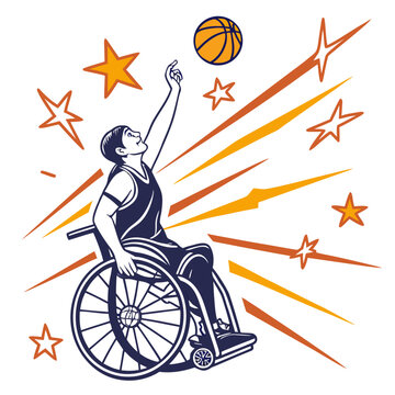 vector illustration of a wheelchair basketball player reaching for a ball with stars