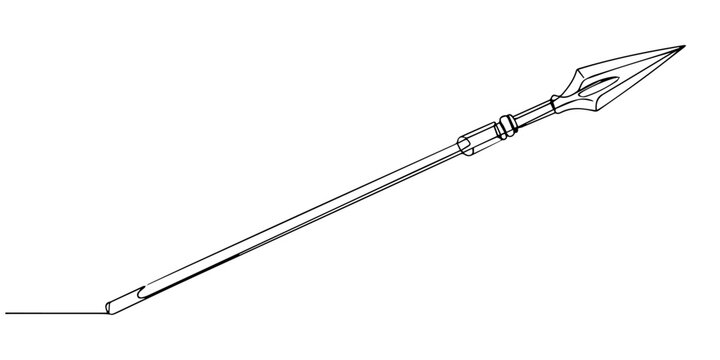 Spear outline continuous one line drawing, Monochrome woodcut illustration of a Cirit Javelin, ancient comb, spear icon illustration, Trident vector illustration. line art, one continuous line, simple
