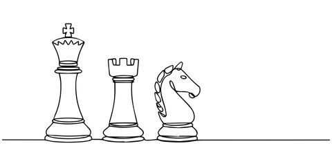 chess pieces knight, rook, king continuous one line drawing, Chess Day celebrates. Single line drawing illustration of Game of strategy and intellect. horizontal row with clean geometric profiles pro. © Gerish