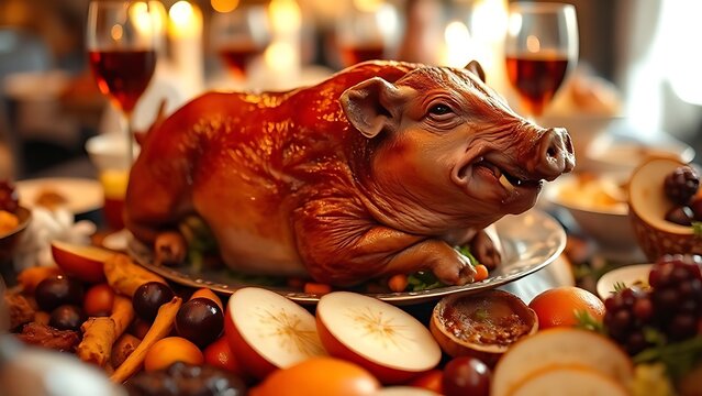 A golden-brown roasted suckling pig as the centerpiece of a feast.