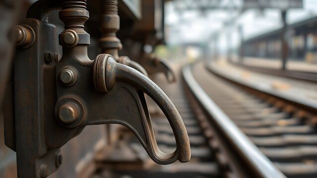 Close-up of a vintage railway switch point, metal lever directing tracks.
