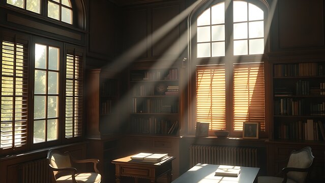 An old study room with soft afternoon sunlight streaming through wooden blinds.