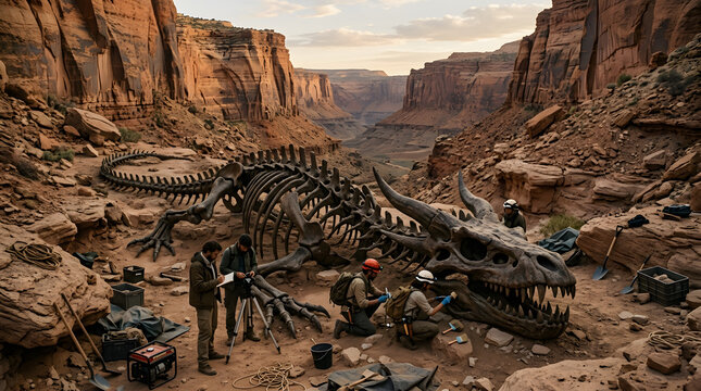Archaeologists excavating a giant dragon skeleton in a rocky desert canyon.