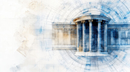 Fototapeta premium Architectural plan mockup featuring classical column structure with detailed blueprints and artistic elements, conveying sense of design